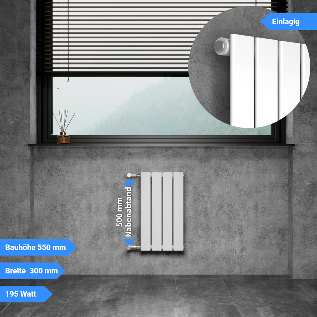 DOLF Designheizkörper Austausch Paneelheizkörper Flachheizkörper mit Seitenanschluss Nabenabstand 500 mm Bauhöhe 550 mm weiß einlagig Breite 300 mm 195 Watt