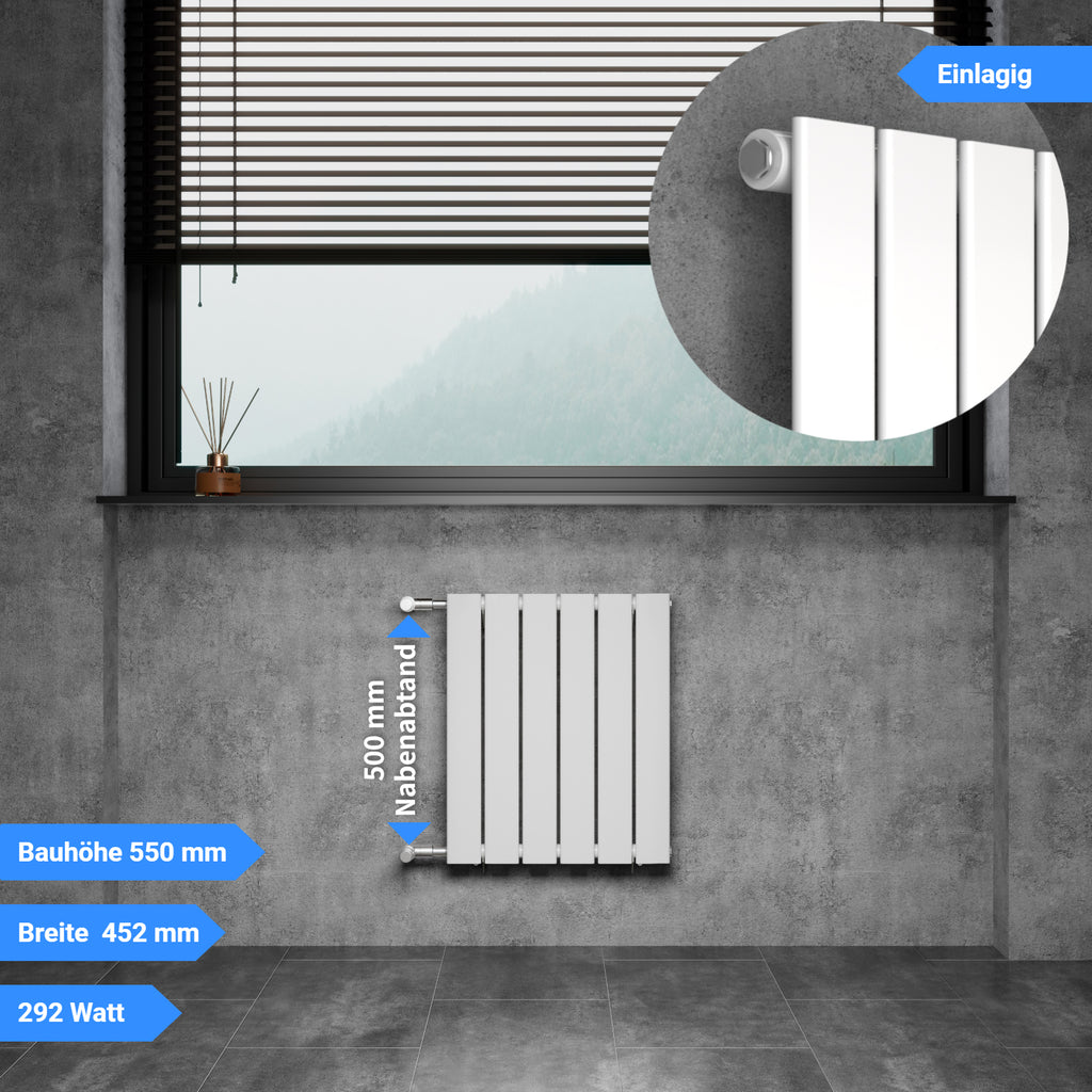 DOLF Designheizkörper Austausch Paneelheizkörper Flachheizkörper mit Seitenanschluss Nabenabstand 500 mm Bauhöhe 550 mm weiß einlagig Breite 452 mm 292 Watt