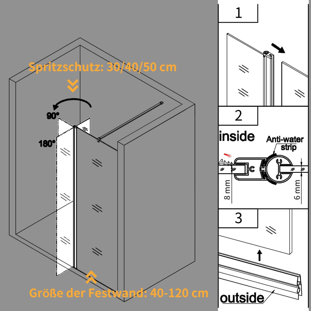 HOCHSTADL Schwenktür als Spritzschutz Walk In Duschabtrennung Höhe 195/200 cm Breite 30 / 40 / 50 cm - WITEN&NOCK