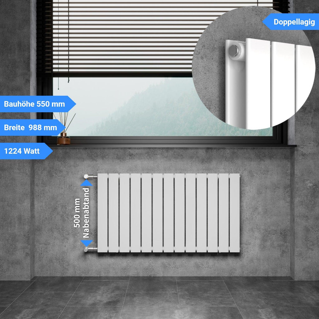 DOLF Designheizkörper Austausch Paneelheizkörper Flachheizkörper mit Seitenanschluss Nabenabstand 500 mm Bauhöhe 550 mm weiß doppellagig Breite 988 mm 1224 Watt - WITEN&NOCK