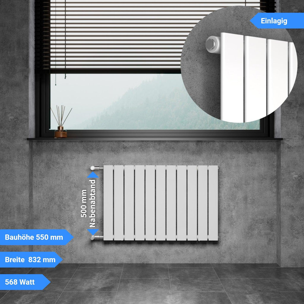 DOLF Designheizkörper Austausch Paneelheizkörper Flachheizkörper mit Seitenanschluss Nabenabstand 500 mm Bauhöhe 550 mm weiß einlagig Breite 832 mm 568 Watt - WITEN&NOCK